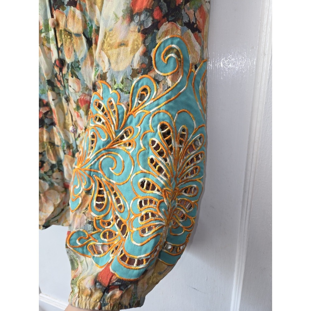 Soft Surroundings Colorful Watercolor Floral High Neck Blouse Embroidery. Medium - Picture 5 of 6